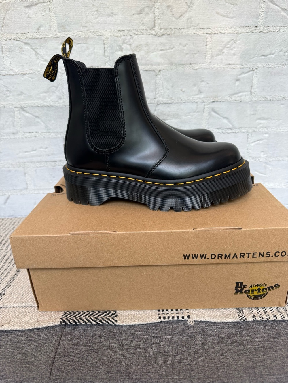 Dr. Martens Black Leather Platform Chelsea Boots with Yellow Stitching